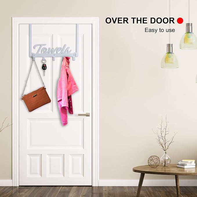Over The Door Hooks, Towel Rack for Bathroom & Bedroom, Heavy Duty Over Door Towel Hanger with 5 Coat Hooks, Silver