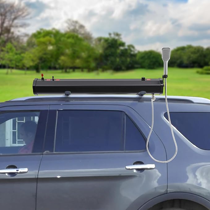 TFCFL 7.93 Gallon Roof Rack Mount Road Shower, High Pressure Outdoor Camping Shower with Long Hose, Portable Camping Solar Shower for Camping, Hiking, Beach, Pet & Gear Cleaning, Black