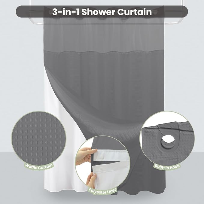 Inhousolu Extra Long No Hook Shower Curtain with Snap in Fabric Liner Set Waffle Weave 230GSM Weighted Hem, Waterproof & Washable Bathroom Curtain Spa Luxury with Mesh Top Window 72" W x 84" L Grey