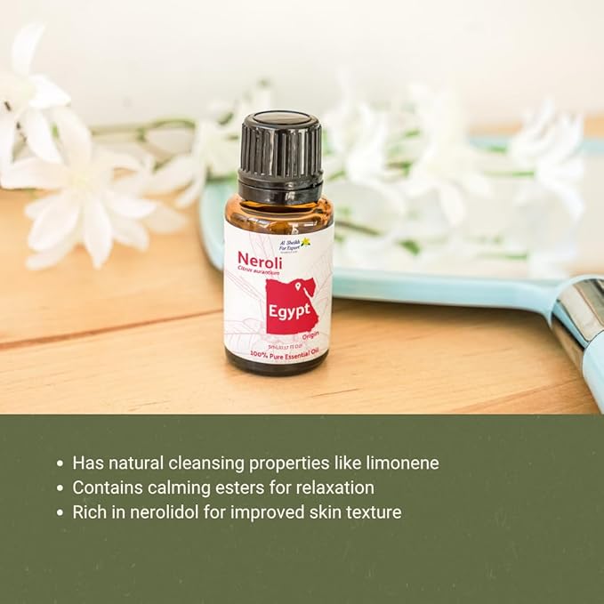 Neroli Essential Oil - Direct from Al Sheikh for Export Egypt - Steam Distilled - Aceite de Neroli for Aromatherapy, Massage, Diffuser, DIY Candle and Soap Making - 8oz