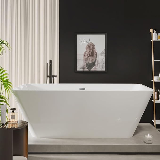 66" Acrylic Freestanding Soaking Bathtub, Matte Drain & Black Overflow, Modern Design Tub for Home Bathroom Renovations, Glossy White