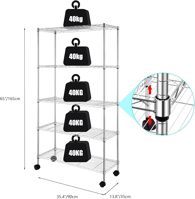 5 Tier Storage Racks Shelving, Heavy Steel Pantry Shelves, Adjustable Wire Shelving Rack with Wheels, Suitable for Garage, Kitchen, Bathroom, Office, 35" W x 14" D x 65" H, Chrome