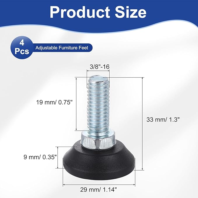 uxcell 3/8"-16 Thread Furniture Feet Levelers, 4Pcs 19mm l Adjustable Furniture Feet Screw in Threaded Leveling Leg Screw on Chair Foot Glides Leveling for Table Chair Cabinet Black