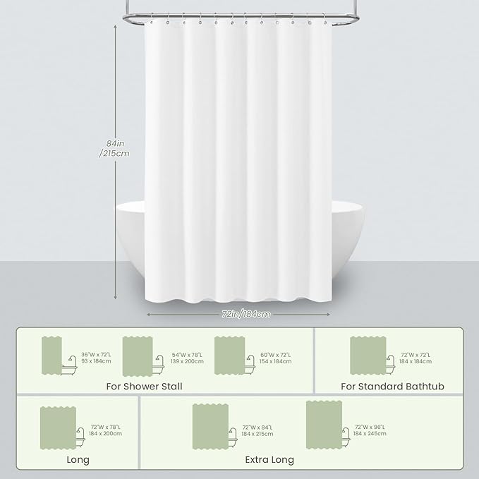 Inhousolu Fabric Shower Curtain Waffle Weave, 230 GSM Heavy Duty, Weighted Hem, 14 Metal Hooks, Water Repellent, Machine Washable, Hotel Spa Luxury Bath Curtain Set, 72 x 84 Inch, White