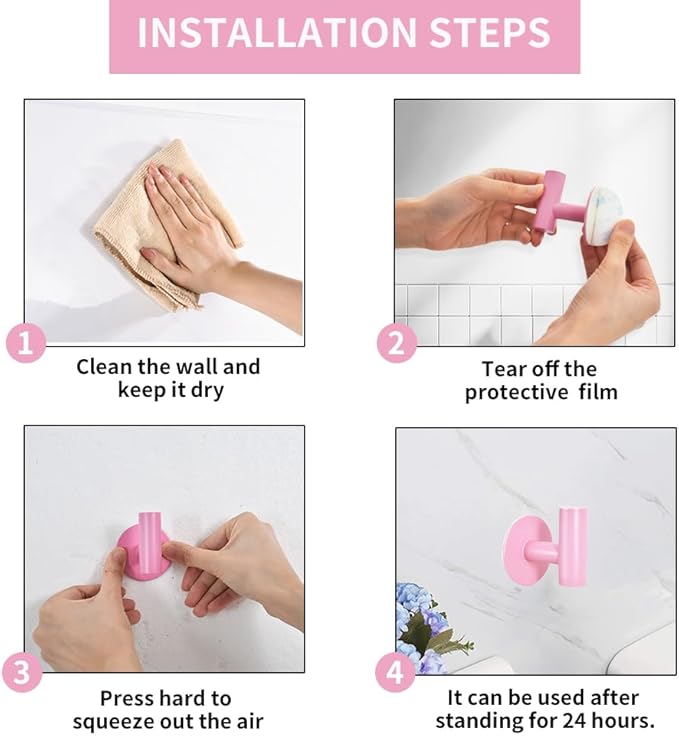 Vuzvuv Adhesive Hooks Pink SUS304 Stainless Steel - Self Adhesive Heavy Duty Waterproof Wall Hooks for Towel, Coat, Robe in Bathrooms Kitchen Hotel (2-Pack)