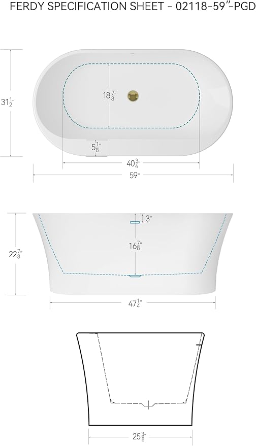 FerdY Mauritius 59" Acrylic Freestanding Tub, Oval Contemporary Soaker Tub, Extra Deep Bathtub, Polished Gold Drainage and Minimalist Linear Design Overflow, Modern White, cUPC Certified