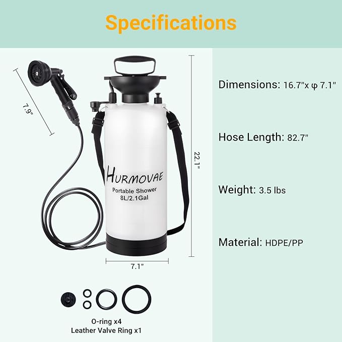 2.1 Gallon/8L Portable Shower–10 Spray Modes, Nylon Insulated Sleeve & No Electric Needed, Beach Shower for Surfing, Travel & Hiking, Portable Water Sprayer, White