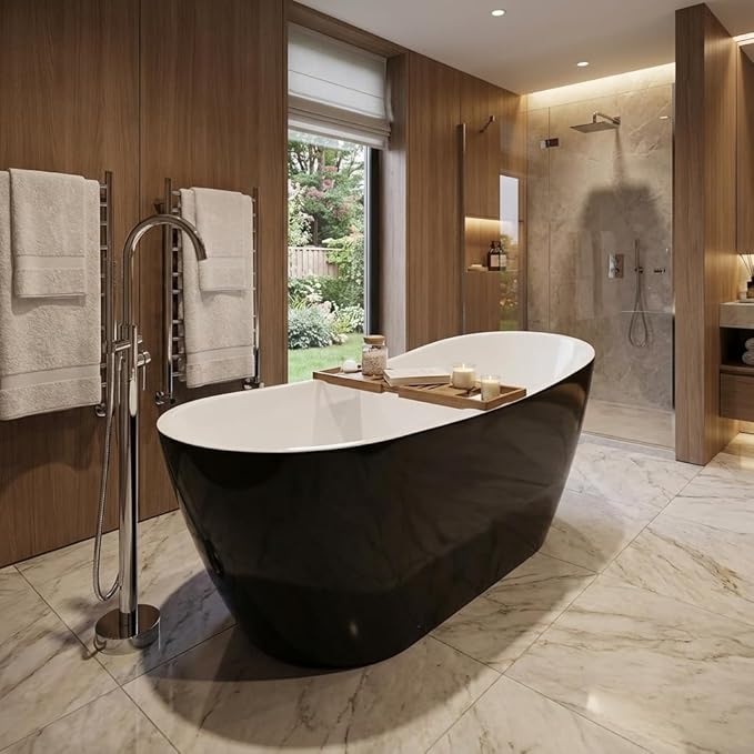 67" Freestanding Acrylic Bathtub, Deep Soaking Tub with Non-Slip Base & Chrome Drain, cUPC Certified, Black Upturned