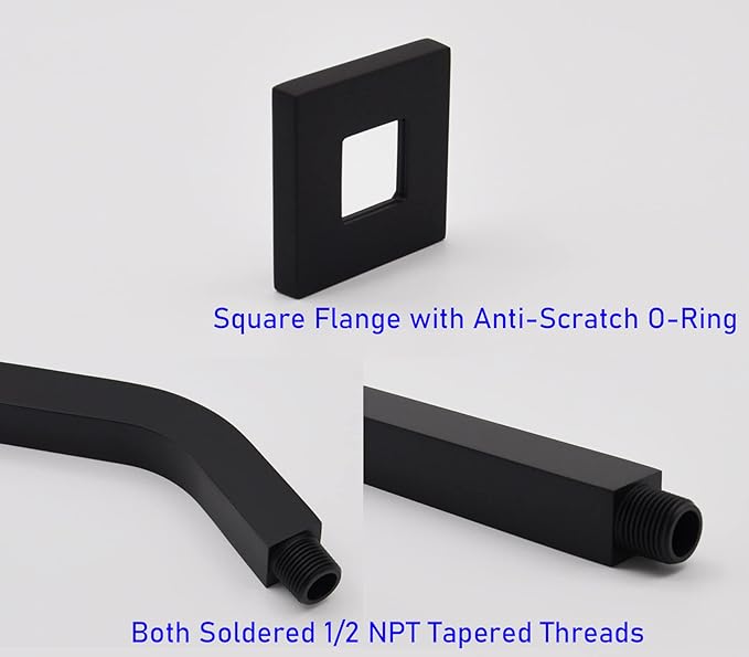 Aquaiaw Square Shower Arm and O-Ring Flange, 6 inch, Solid Brass, Both Soldered 1/2 NPT Tapered Threads, Matte Black Wall Mount Shower Arm Extension with Escutcheon, for Rainfall Shower Head Max. 10"