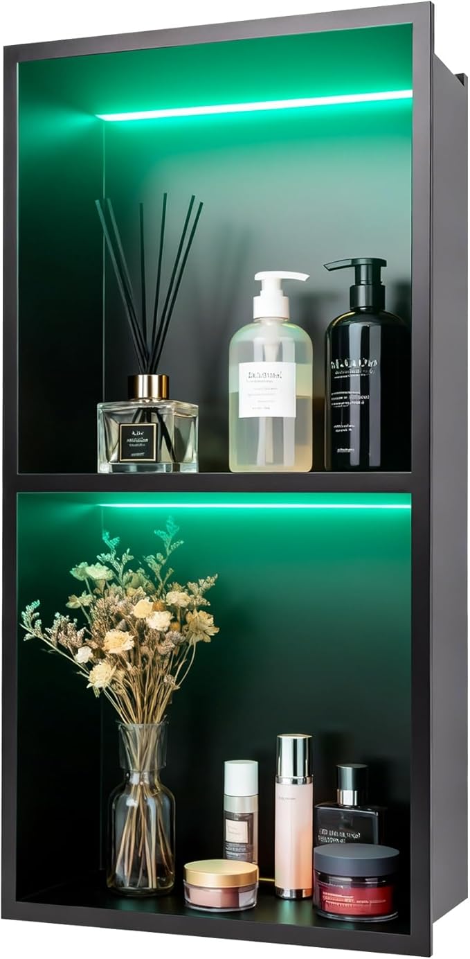 WICHEMI Stainless Steel Shower Niche 12" X 24", No Tile Needed Wall Niche with RGB Light, Recessed Shower Shelf for Bathroom Storage Over Mount Installation, Matte Black
