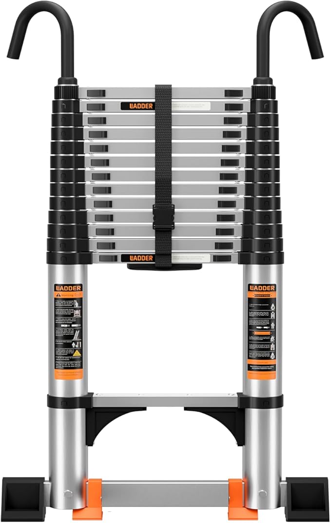 Telescoping Ladder,13.5FT Aluminum Multi-Purpose Collapsible Ladder with Stabilizers and Hooks,Jiashche Portable Extension Ladder for RV or Outdoor Work Silver,330lb Max Capacity