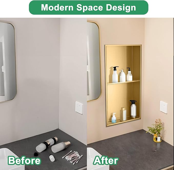 SaniteModar Shower Niche, Stainless Steel Shower Niche 12" X 24" No Tile Needed, Recessed for Bathroom Storage, Brushed Gold Double (Brushed Gold, 12x24,Double)