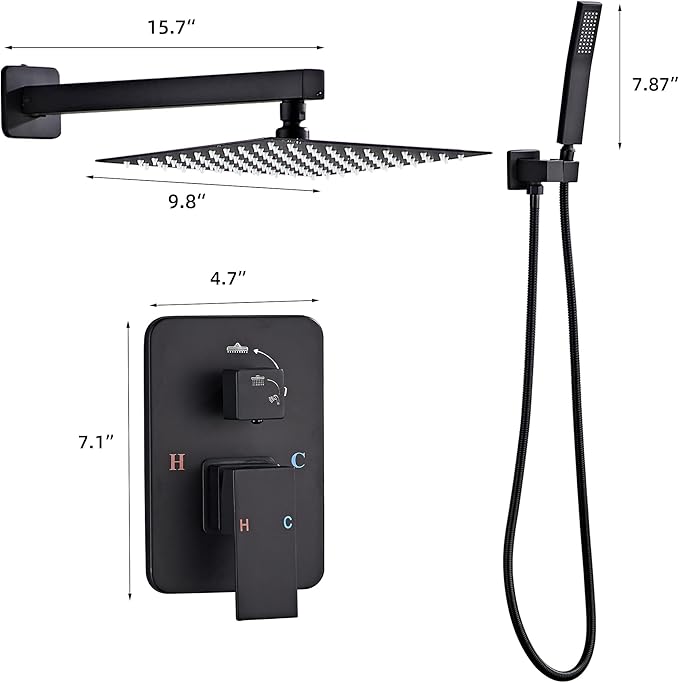 Shower Faucet Set, Matte Black Rainfall Shower System Complete Wall Mounted for Bathroom with 10 Inch Square Shower Head and Handheld Shower Head Rain Mixer Combo Set