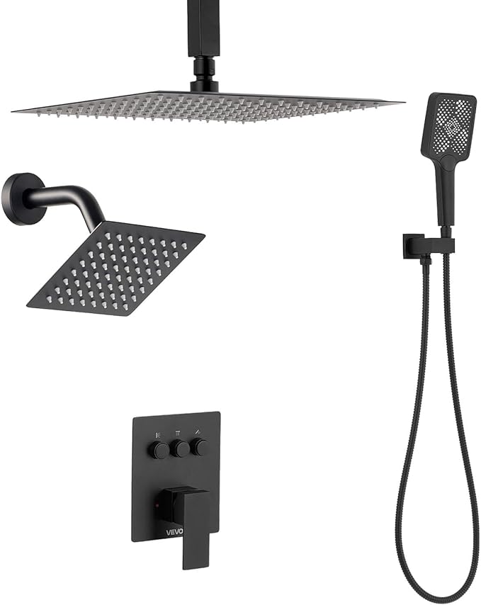 VEVOR Shower Faucet Set, 12 Inch Ceiling Mount Rainfall Shower System with 6 Inch Wall Mount Head and 4 in 1 Handheld Spray, Rotatable 3-Function Dual Rain Head Brass Valve and Trim Kit, Matte Black
