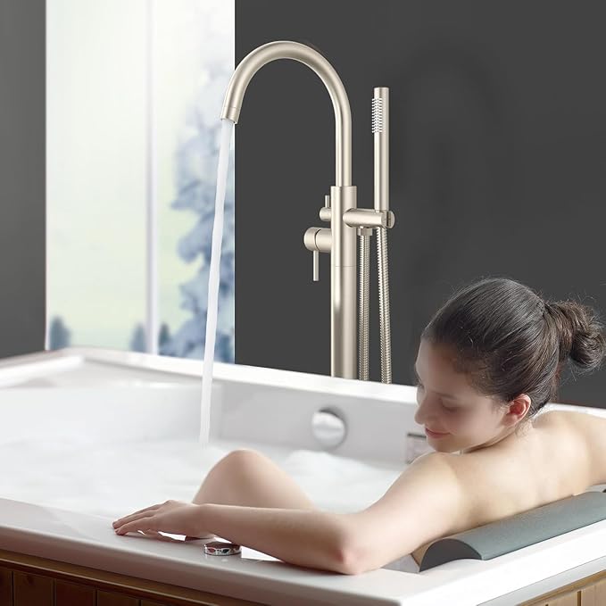 Freestanding Bathtub Faucet Waterfall Tub Filler Brushed Nickel Floor Mount Brass Single Handle Bathroom Faucets with Hand Shower (Electroplating color, The bottom of the water)