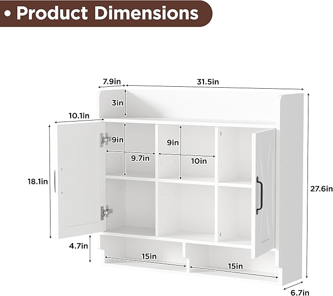 White Bathroom Wall Cabinet, Wall Mount Storage Cabinet, Floating Medicine Cabinet with 4 Open Shelves and 6 Deep Cabinets Over The Toilet for Laundry Room, Kitchen
