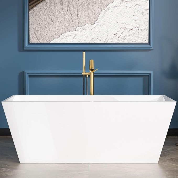 Sarlai 67 Inch Acrylic Freestanding Soaking Bathtub Contemporary Soaking White Tub Stand Alone Ergonomic Bathtub with Chrome Overflow and Drain