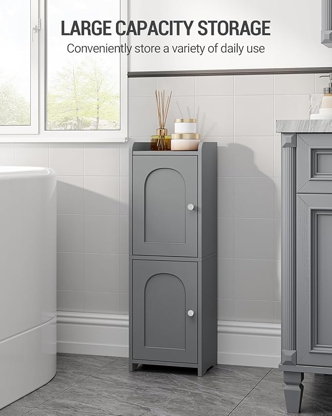 Bathroom Storage Cabinet, Corner Floor Cabinet with 2 Doors and Adjustable Shelf, Narrow Toilet Paper Cabinets, Bathroom Organizer for Small Spaces, 7.9" D x 9.8" W x 29.5" H Gray