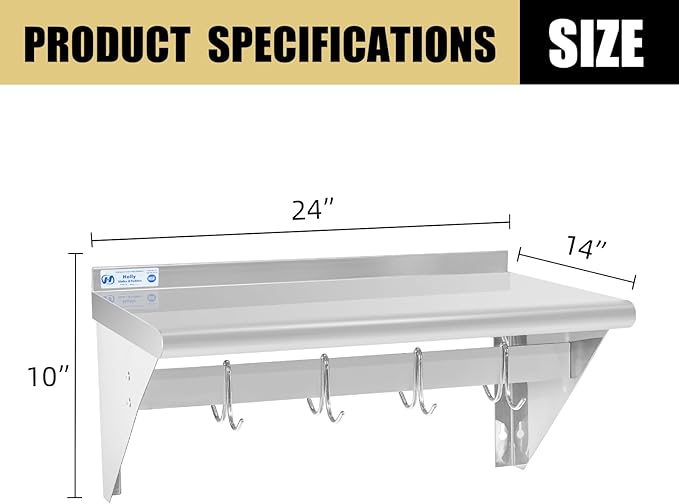 Hally Stainless Steel Shelf with 4 Hooks 14" x 24" Wall Mounted Pot Rack 250lb, NSF Commercial Floating Shelving for Storage Hanging Pots, Pans, cookware in Restaurant, Kitchen, Home and Hotel