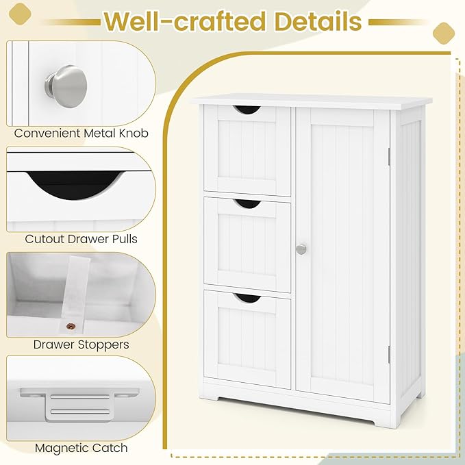 Tangkula Bathroom Floor Cabinet, Freestanding Storage Cabinet with 3 Drawers & Single Door, Adjustable Shelf, Multipurpose Bathroom Storage for Home Office, 23.5 x 12 x 32 Inches (3 Drawers, White)