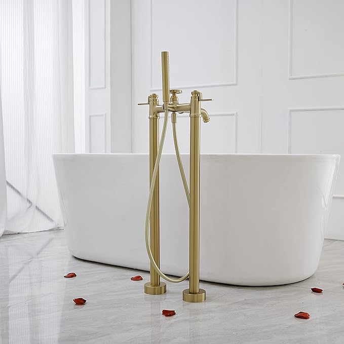 Gold Freestanding Bathtub Faucet Floor Mount Tub Filler with Handheld Shower Two Handle Two Feet High Flow Rate Mixer Tap Bathroom Tub Faucet