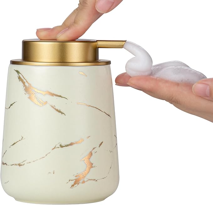 Enra Ceramic Foaming Soap Dispenser -12oz Modern Foam Gold Hand Soap Dispenser Bathroom, Refillable Dish Wash Soap Bottle for Kitchen with Large Pump(Glod Foam Type-Beige)