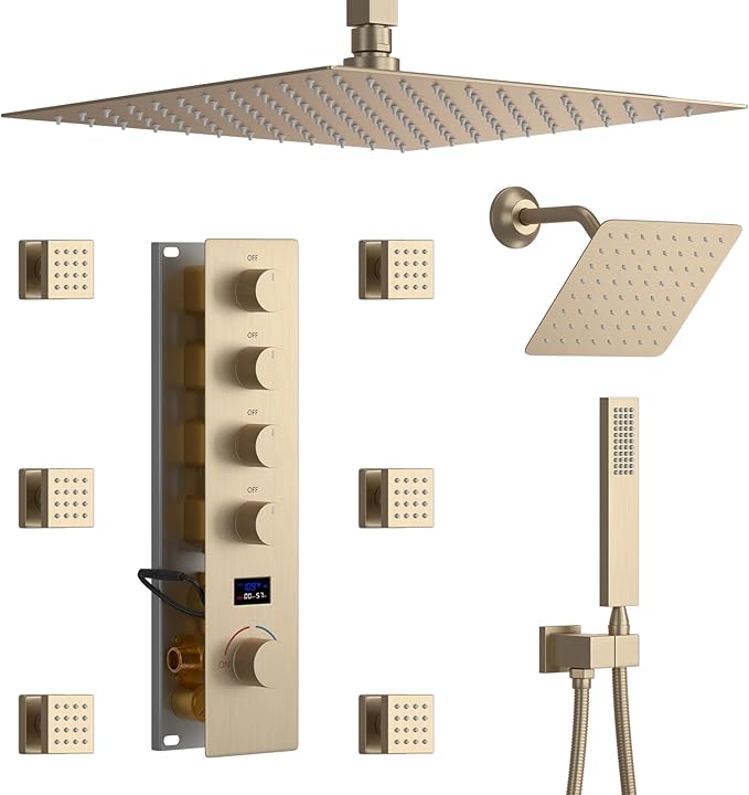 Shower Faucet Set Brushed Gold Shower System, Temperature Display Shower Faucet with 12 inch Ceiling Mount and 8 inch Wall Mount Shower Head, with 6 PCS Body Jet and Handheld Spray