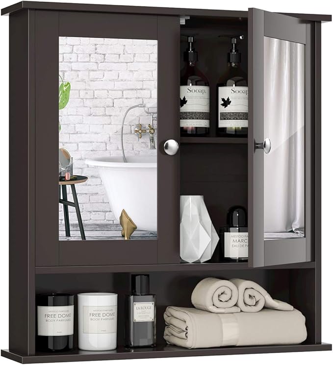 Tangkula Bathroom Medicine Cabinet with Mirror, Wall Mounted Wooden Hanging Organizer with Doors and Shelves, Bathroom Wall Mirror Cabinet (Mirror Doors, Brown)