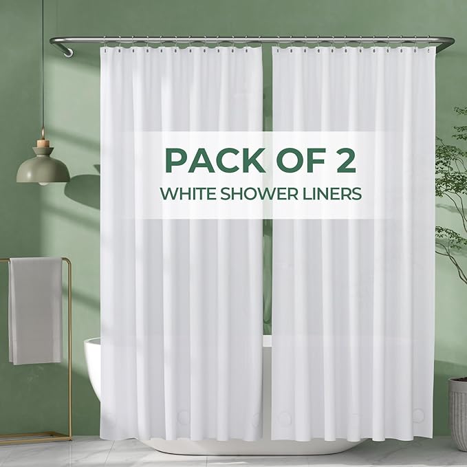 AmazerBath Shower Curtain Liner 2 Pack, 72 x 78 Inches PEVA Plastic Shower Liner with 3 Weighted Stones and 12 Rustproof Metal Grommet, Lightweight Waterproof Shower Curtain - White