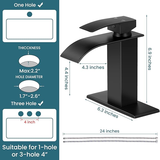Bathroom Faucets Matte Black Waterfall Bathroom Sink Faucet Modern Single Handle Bathroom Faucet for 1 or 3 Hole Mxier Tap Washbasin Faucet with Deck, Pop-up Drain and Supply Hoses 2 Pack