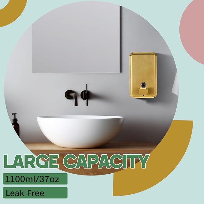Maxdot 2 Pcs 37 oz/1100 ml Commercial Stainless Steel Soap Dispenser Wall Mount with Corrosion Proof Lining and Manual Anti Leak Pump for Home Bathroom Accessories Kitchen (Gold)