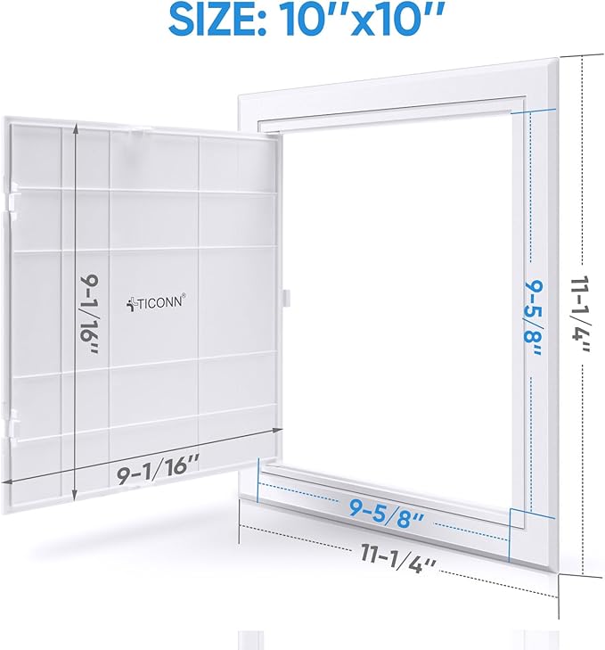 TICONN Access Panel for Drywall, 10 x 10 Inch ABS Plastic Wall Hole Cover Access Doors, Easy Install Plumbing Wall Panel for Drywall, Ceiling, Wiring and Cables
