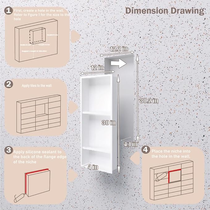 No Tile Needed Shower Niche for Bathroom Storage,Recessed Wall Niche,Three-Tier Shelves,Stainless Steel 12"×30" Matte White (White, 30 * 12 in)