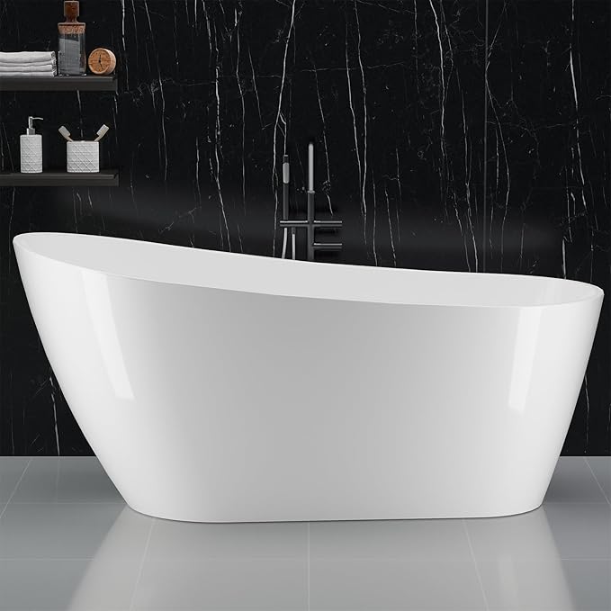 59 in Acrylic Freestanding Bathtub, Contemporary Stand Alone Tub,Glossy White Soaking Tub, with Chrome Overflow and Drain, CUPC Certified