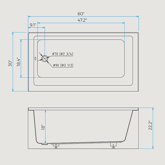 60x30 Inch Acrylic Drop-in Bathtub, Rectangular Soaking Tub with Integral Apron,Built-in Bathtub, Matte Drain and Overflow, Ergonomic Design, Easy Installation for Bathroom, Left Overflow and Drain