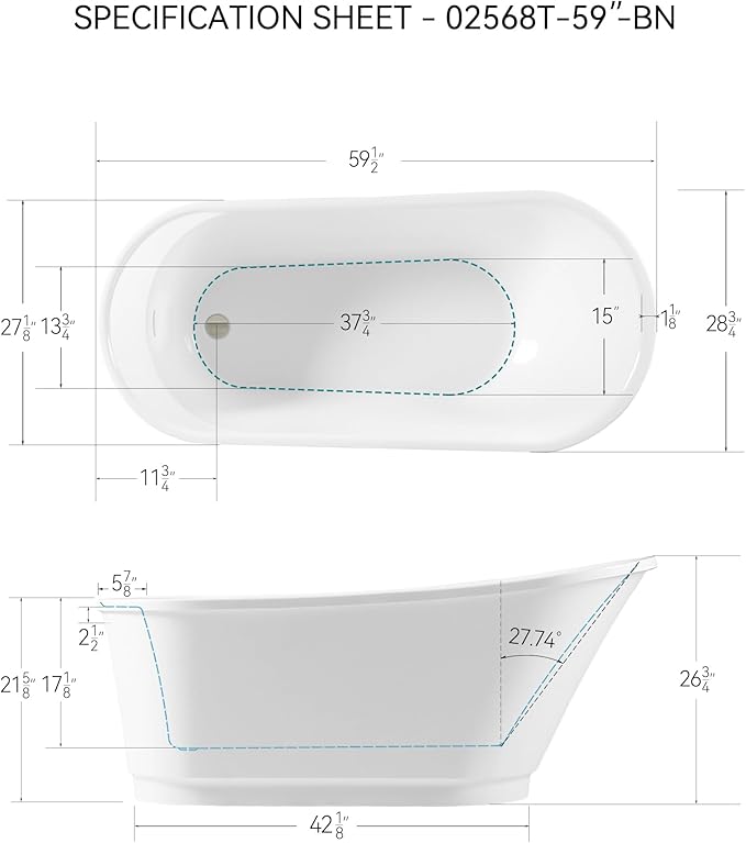 FerdY Langkawi 59" Acrylic Freestanding Bathtub, White Modern Stand Alone Soaking Bathtub, cUPC Certified, Brushed Nickel Drain and Minimalist Linear Design Overflow Included