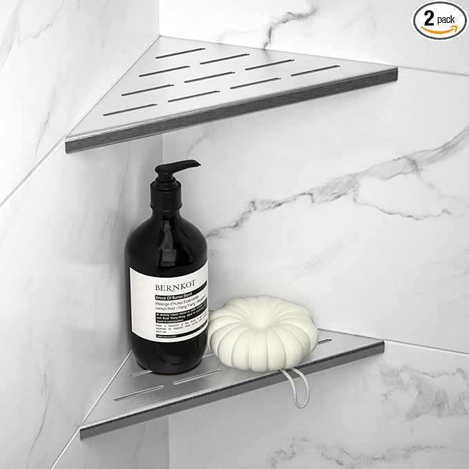 8'' Corner Shower Shelf 2PCS, 304 Stainless Steel Recessed Bathroom Shelves for Tiled Wall, Grout in Shelf, No Drilling Needed (8'', Silver)