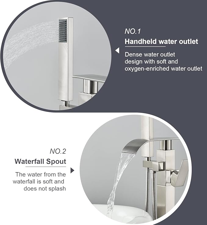 Senlesen Stainless Steel Bathroom Free Standing Tub Filler Faucet Brushed Nickel Freestanding Bathtub Faucets with Handheld Shower Mixer Taps