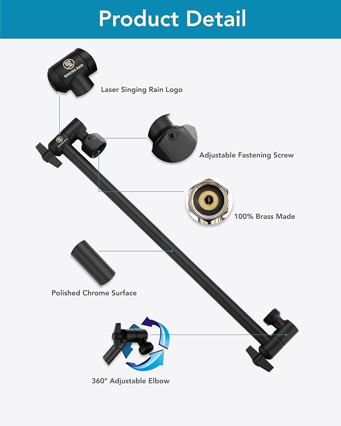 15 Inch Extra Long Adjustable Shower Head Extension Arm With Locking Set Screw, Singing Rain Brass Angle Height Adjustable, Easy To Install, G1/2 Universal Connector Compatible (Matt Black)