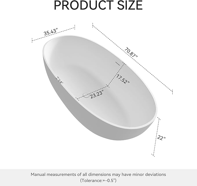 71" Premium Solid Surface Freestanding Bathtubs, Oval Stone Resin Tub with Overflow and Pop-up Drain, Matte White