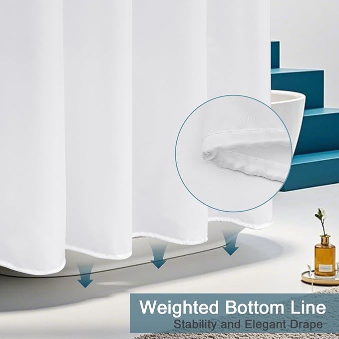 Long Shower Curtain Liner 78 Inches Height-Water-repellent Fabric Shower Curtains Set With 12 Hooks, White Bathroom Curtain Weighted Bottom Machine Washable, Soft Cloth & Hotel Luxury Spa, 72x78