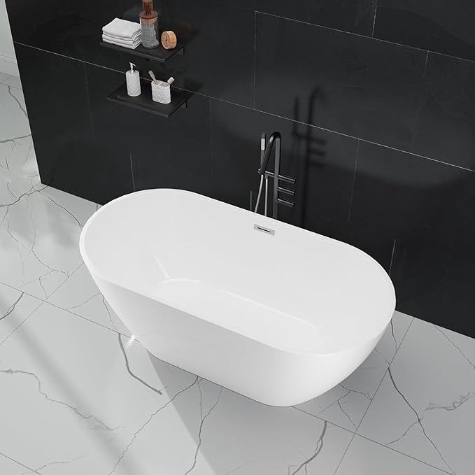 59 Inch Acrylic Freestanding Bathtub, Acrylic Soaking Bathtub with Matte Drain and Overflow, Deep Ergonomic Tub with Double-Walled Insulation, cUPC Certified, Modern Square Design