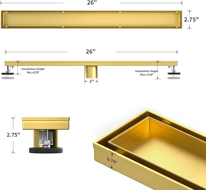 Linear Shower Drain 26", Brushed Gold Floor Drain with Tiled Insert Grate & Hair Strainer, 304 Stainless Steel Bathroom 2-in-1 Tiled in Drain, CUPC Certified (Brushed Gold, 26'')