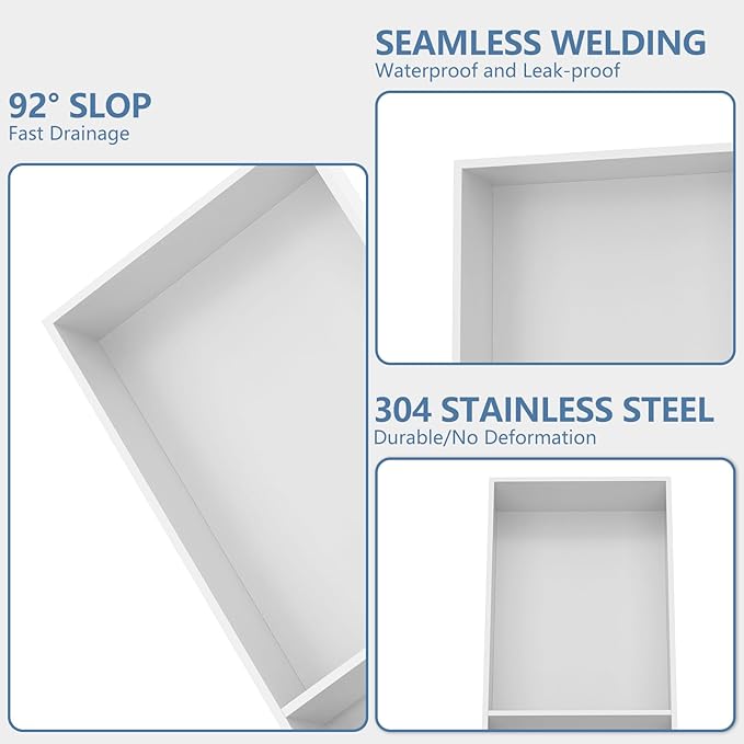 Homevacious 13" X 25" Stainless Steel Shower Niche No Tile Needed Double Shelves White Bathroom Shelf Rimless Recessed Wall Niche for Bathroom Storage