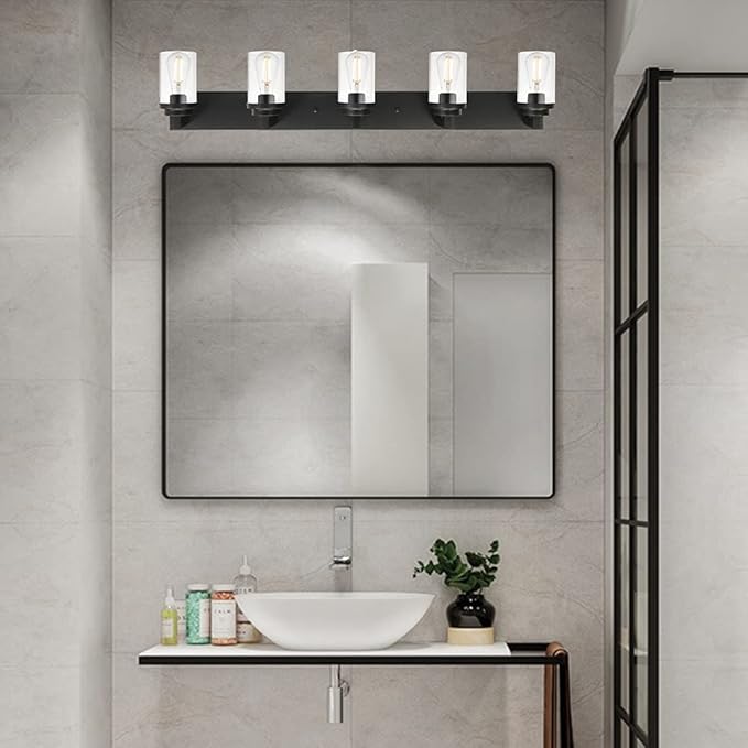 MELUCEE 5-Light Black Bathroom Light Fixtures with Clear Glass Shade, Black Vanity Lights Industrial Wall Mount Light for Bathroom Mirror, Powder Room Bedroom