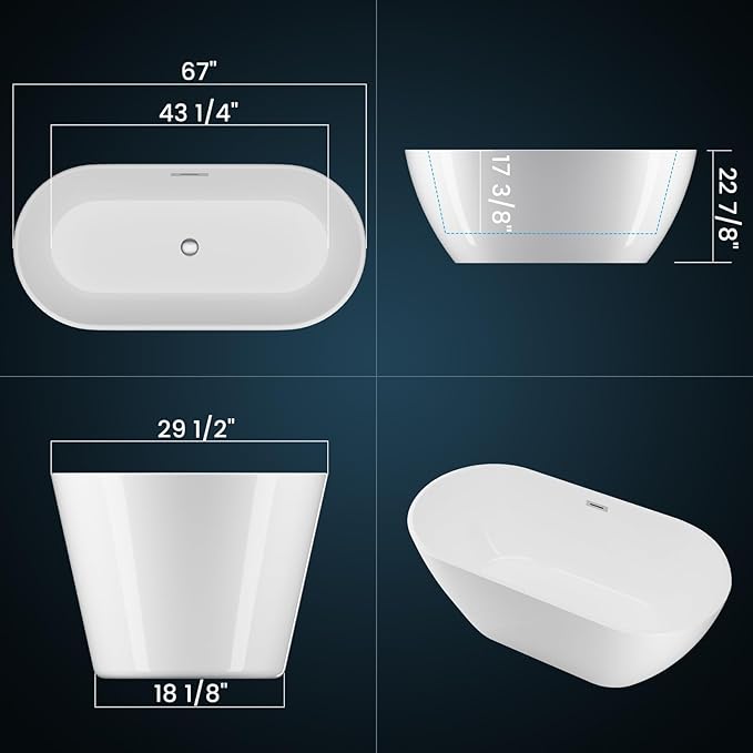 67" Free Standing Tub, Acrylic Soaking Bathtub, Stand Alone Freestanding Tub with Matte Sliver Drain and Overflow, Contemporary Bathtub for Bathroom, Gloss White