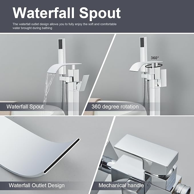 Senlesen Bathroom Chrome Freestanding Tub Faucet Floor Mounted Bathtub Shower Faucet with Handheld Sprayer