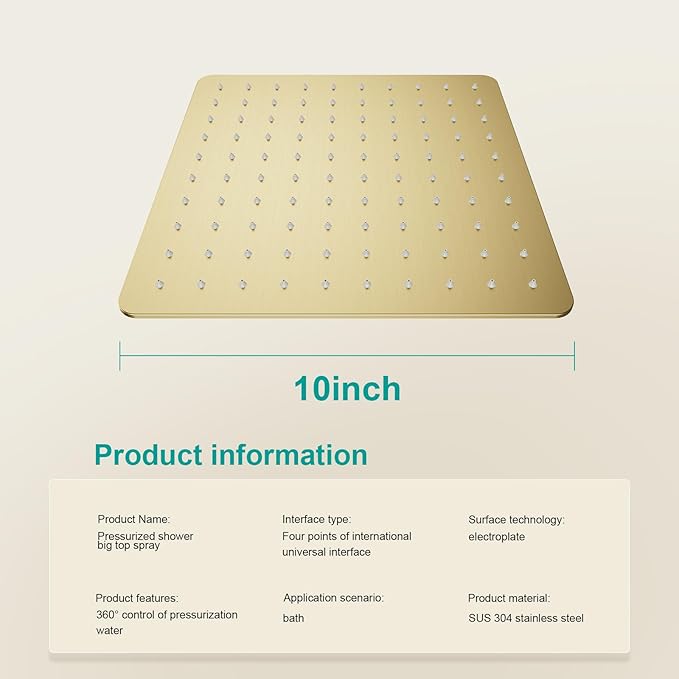Square Rain Shower Head, High Flow Stainless Steel,Work with any decorative style，All Metal Rainfall Shower Head (Brushed Gold, 10)