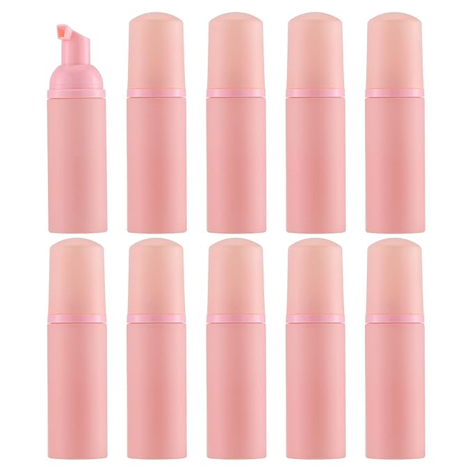 Tekson 10PCS Soap Foam Bottle (2 oz), Empty Travel Foaming Lash Shampoo for Cleanser, Dispenser (Pink Cap)