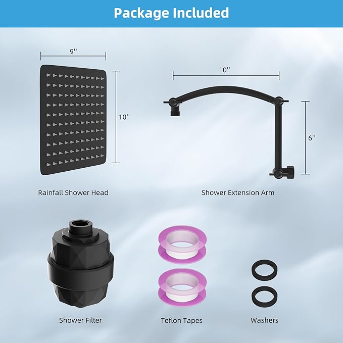 Hibbent All Metal Rain Filtered Shower Head, 10'' High Pressure Rainfall Showerhead with 16" Shower Head Extension Arm, 20 Stage Shower Filter, Solid Brass Adjustable Shower Arm Extender, Matte Black